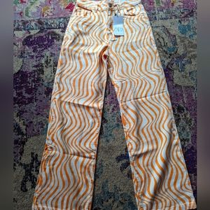 Zara orange and white printed denim wide leg size 4